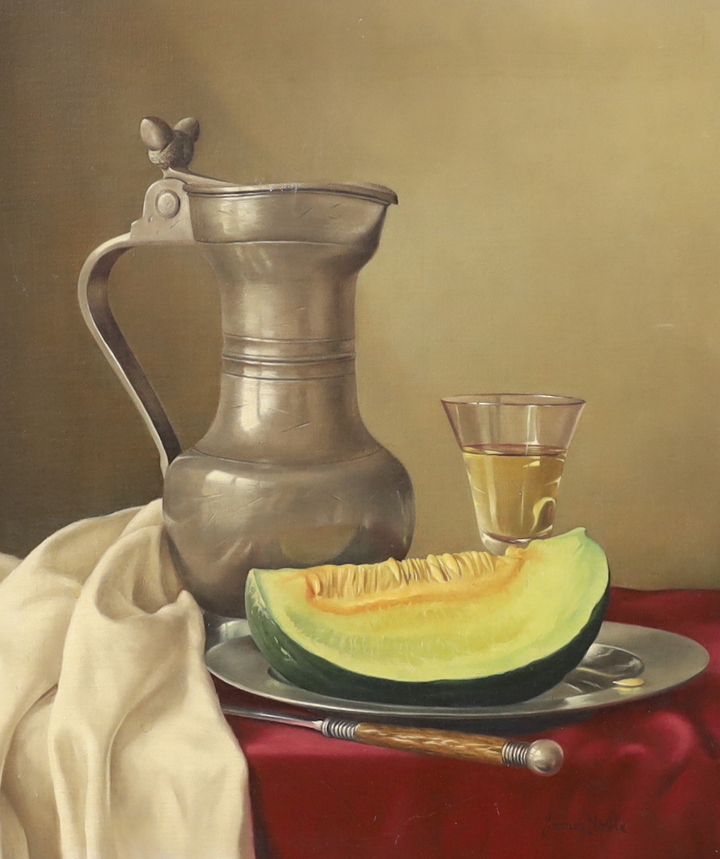 James Noble (British, 1919-1985), Still life with a pewter jug, a melon and a glass of white wine, signed, Stacey Marks label verso, dated 1st December, 1961, 34 x 29cm